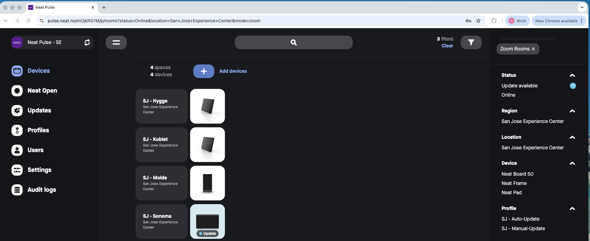 A screenshot of the Neat Pulse Devices view with filters applied and visible in the URL 